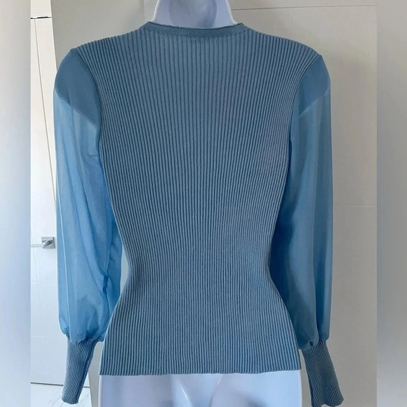 Classy pearl sheer  sleeved knit sweater/ Light baby blue/ See measurements - Picture 3 of 10
